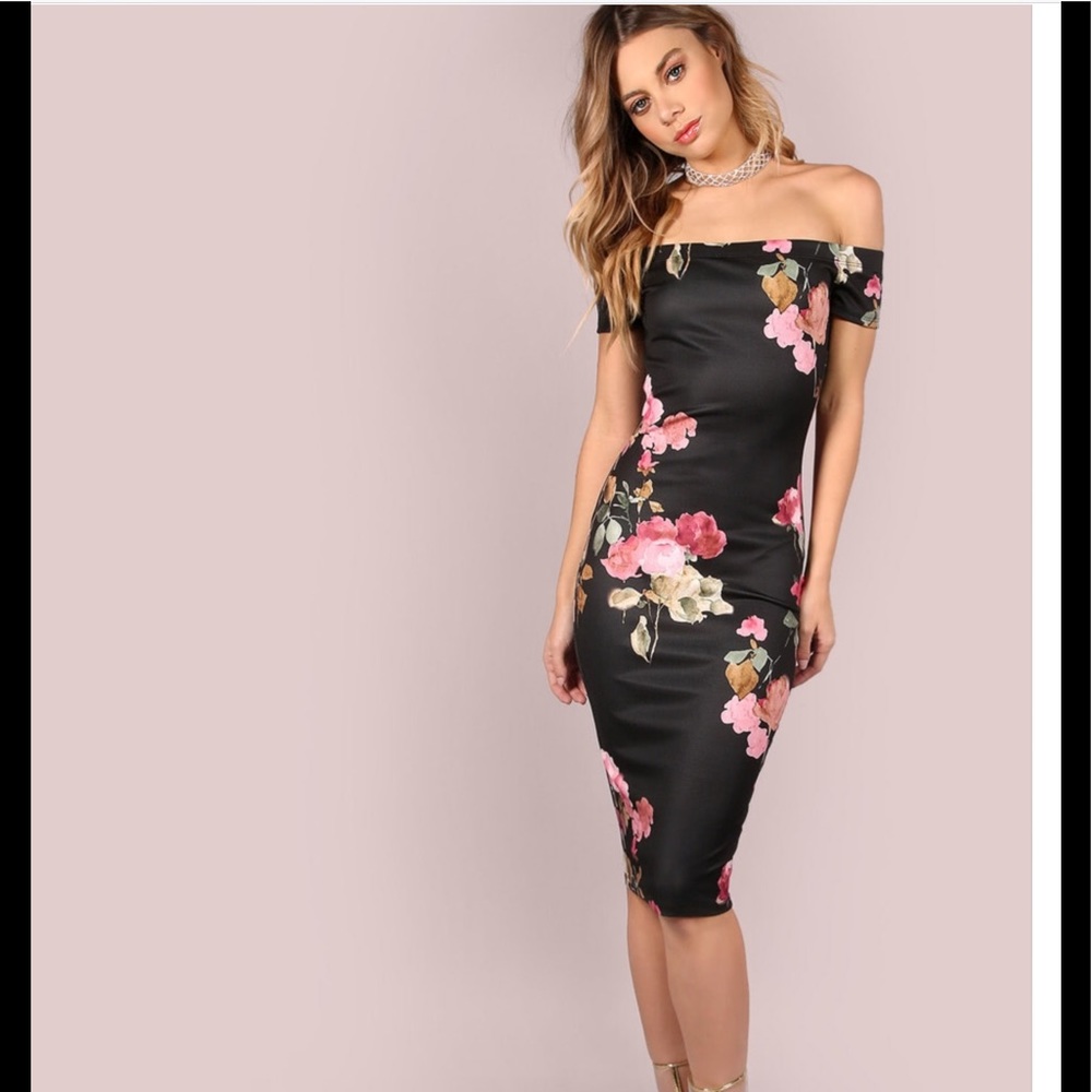 Off Shoulder Floral Bodycon Midi Dress